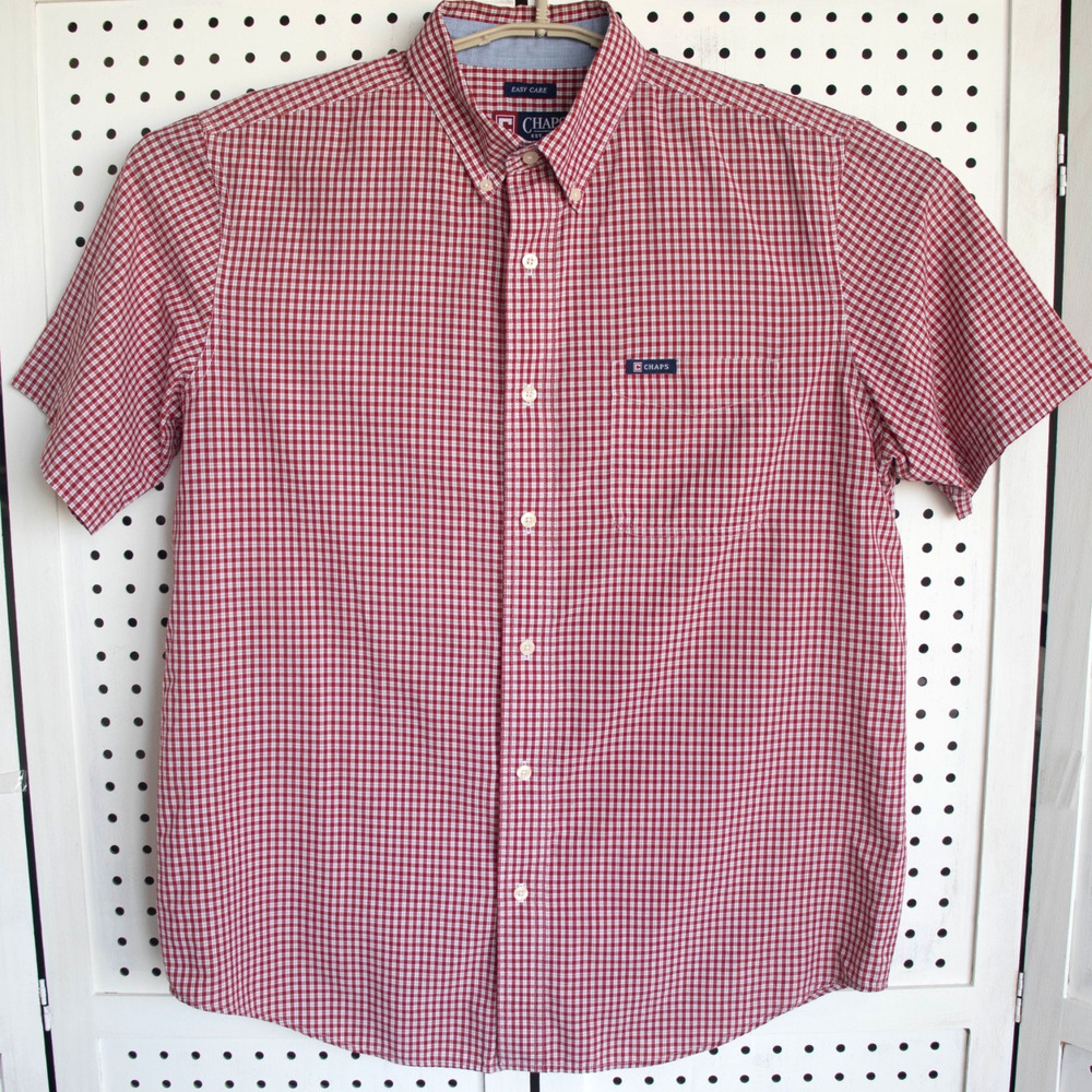Chaps Easy Care Mens SIZE Large Shirt Red Short Sleeve Gingham Plaid